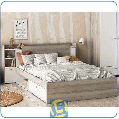 تخت خواب دو نفره DBJ226 با استفاده از طراحی کمجا و دارای قفسه و کشو و کمد در فضا های مختلف که با سایز دونفره کینگ و کوئین تولید میشود.