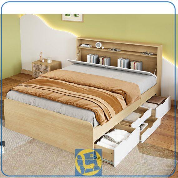 تخت خواب دو نفره DBJ227 دارای کشو و فضای ذخیره سازی در قسمت تاج که می‌تواند به عنوان تختخواب کمجا با دو سایز دونفره کینگ و کوئین تولید شود.