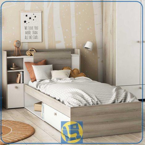 تخت خواب یک نفره SBJ291 دارای کشو و قفسه در زیر تخت و همچنین فضای ذخیره سازی در قسمت تاج با طراحی زیبا مناسب برای نوجوانان و بزرگسالان است.