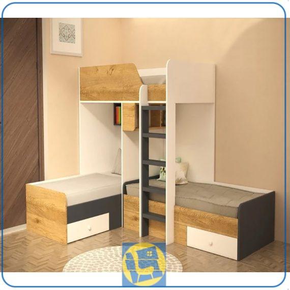 تخت خواب دو طبقه سه نفره TBJ168 با طراحی هوشمند برای فضاهای مدرن و محدود که دارای کشو و قفسه است و مناسب برای نوجوان و بزرگسال تولید میشود.