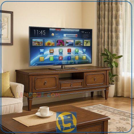 میز تلویزیون TTA644 به صورت چوبی ترکیب اصالت، کاربرد و زیبایی در یک قاب کلاسیک که دارای کشو و قفسه در قسمت های مختلف میباشد.