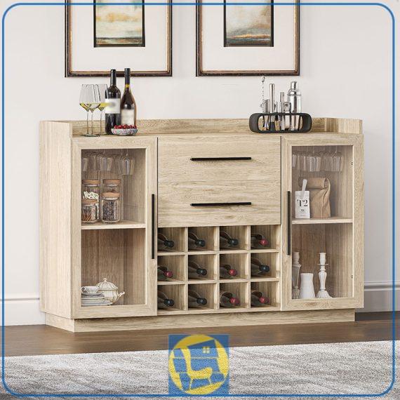 میز بار BTJ211 دارای قفسه مخصوص بطری و آویز گیلاس و کشو و درب شیشه ای که می‌تواند به عنوان کافی بار و کابینت در آشپزخانه و پذیرایی قرار بگیرد.