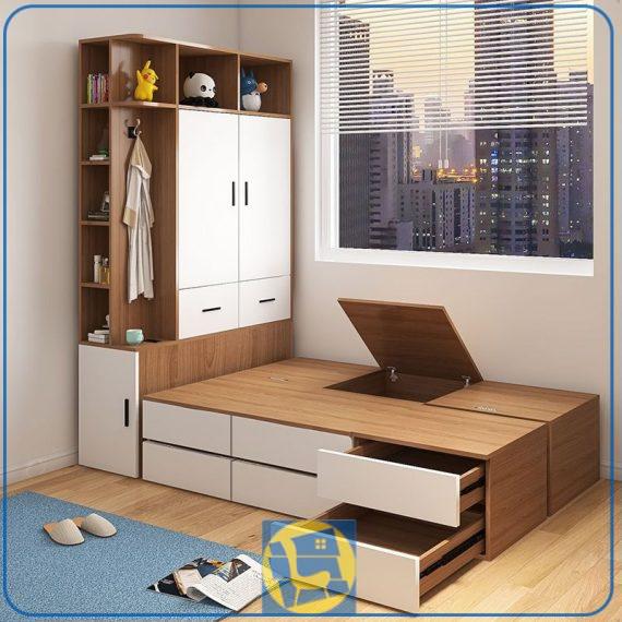 تخت خواب دو نفره DBJ228 دارای کشو و باکس و تاج به صورت یک کمد و جالباسی که با طراحی کمجا به عنوان تختخواب دونفره استفاده می‌شود.