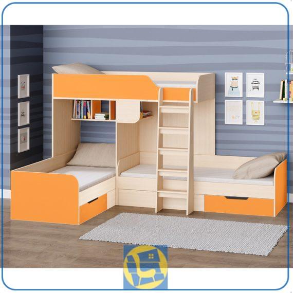 تخت خواب دو طبقه سه نفره TBJ173 دارای کشو و قفسه مناسب برای سه قلو ها که میتواند برای افراد کودک و نوجوان و بزرگسال مورد استفاده قرار بگیرد.