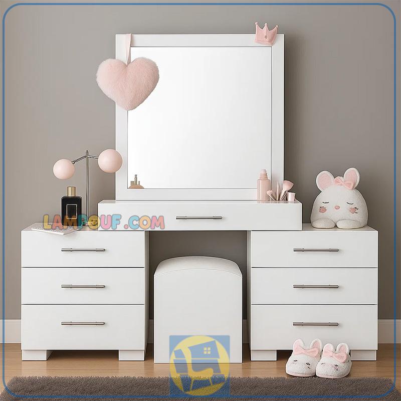 DJ740 (2) میز آرایش DJ740 دارای کشوهای زیاد و طراحی بسیار شیک که مناسب برای ست شدن با انواع سبک های دکوراسیون اتاق خواب میباشد.