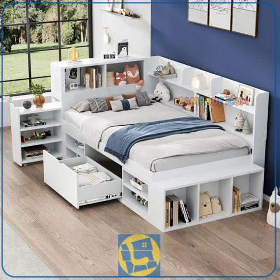 تخت خواب یک نفره SBJ296 به صورت ال شکل دارای کشو و قفسه و کتابخانه برای ذخیره سازی لوازم که میتواند در در اتاق نوجوان و بزرگسال استفاده شود