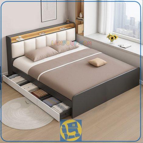 تخت خواب دو نفره DBJ229 با طراحی زیبا با دو سایز کینگ و کوئین و دارای کشو و تاج درب دار که میتواند به عنوان سرویس خواب دونفره استفاده شود.