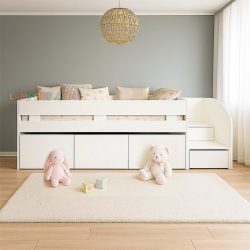 تخت خواب یک نفره SBJ302 دارای کشو های جادار و پله با فضای ذخیره سازی که می‌تواند به عنوان تختخواب نوجوان و بزرگسال کنار سرویس خواب قرار بگیرد.