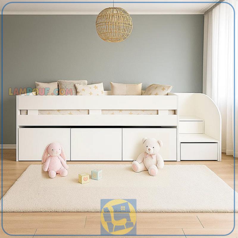 SBJ302 (1) تخت خواب یک نفره SBJ302 دارای کشو های جادار و پله با فضای ذخیره سازی که میتواند به عنوان تختخواب نوجوان و بزرگسال کنار سرویس خواب قرار بگیرد.