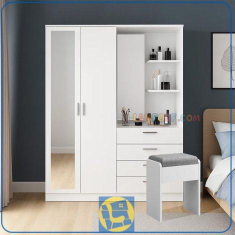 میز آرایش DJ745 دارای کمد جالباسی و آینه قدی و کشو یا دراور و قفسه برای چیدمان لوازم ، که مجموعه کاملی را در کنار سرویس خواب شما ایجاد خواهد کرد.