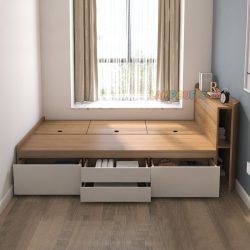 تخت خواب یک نفره SBJ303 با سایز های استاندارد دارای فضای ذخیره سازی به صورت کشو و باکس و ... که مناسب برای دختر و پسر طراحی شده است.