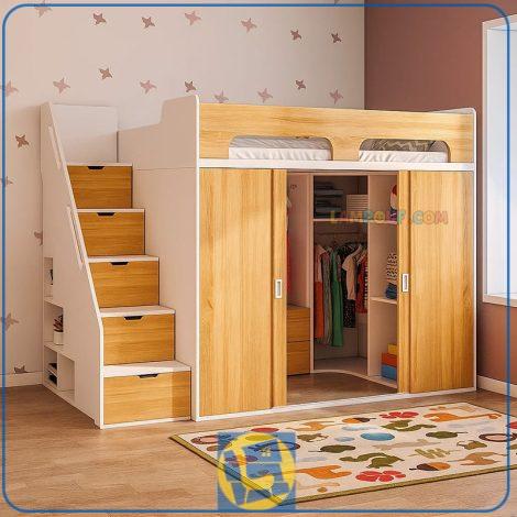 تخت خواب دو طبقه TBJ176 مجهز به اتاق درب دار صورت قفسه بندی شده و دارای کشو و کمد که برای نوجوانان و بزرگسالان قابل استفاده می‌باشد.
