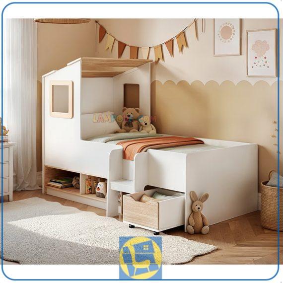 تخت خواب کودک و نوجوان کلبه CHE135 یا دو سایز برای کودکان و نوجوانان که دارای کشو و قفسه برای چیدمان و ذخیره سازی طراحی شده است.