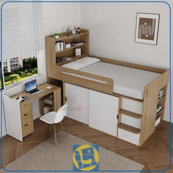 تخت خواب یک نفره CHJ123 دارای کمد جالباسی با درب ریلی، میز تحریر چرخ دار کمجا، کشو و قفسه به عنوان تختخواب نوجوان و بزرگسال قابل استفاده می‌باشد.