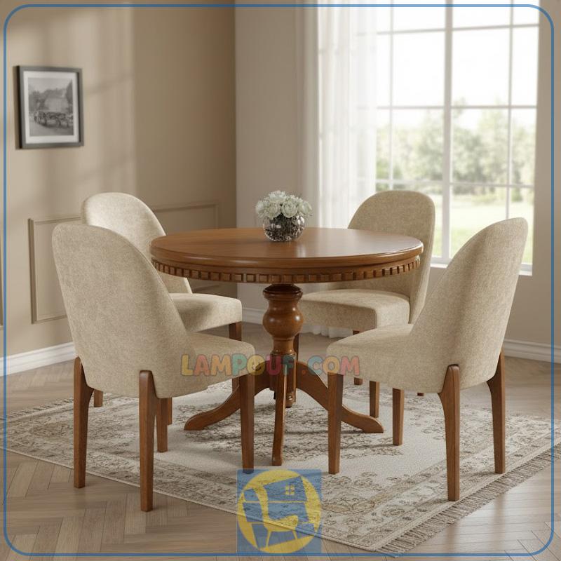 DTB135 (1) ست میز نهارخوری DTB135 دارای میز با صفحه گرد با طراحی منبت شده و صندلی های راحتی که برای آشپزخانه و پذیرایی و کافه و رستوران مناسب میباشد.