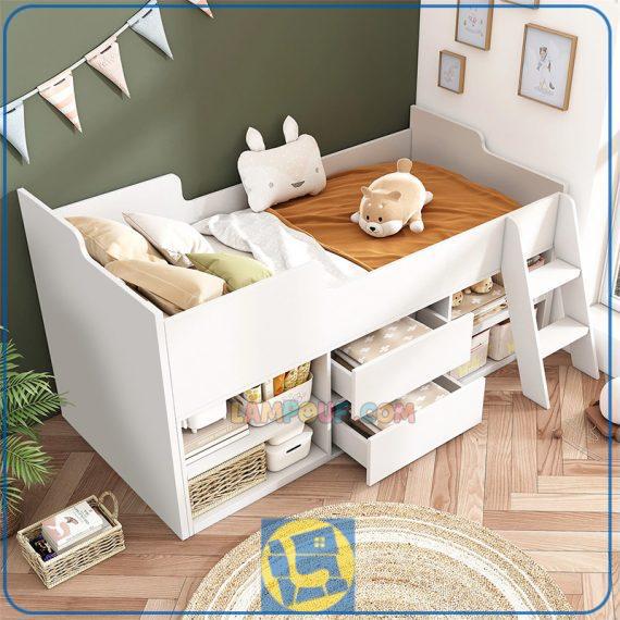 تخت خواب یک نفره SBJ306 دارای قفسه برای چیدمان اسباب بازی و کتاب و کشو به عنوان دراور که برای اتاق کودک، نوجوان و بزرگسال استفاده میشود.