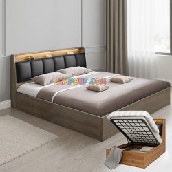 تخت خواب دو نفره جکدار DBJ232 دارای فضای داخلی در قسمت زیر تشک و تاج قفسه دار و درب دار که با دو سایز کینگ و کوئین تولید میشود.