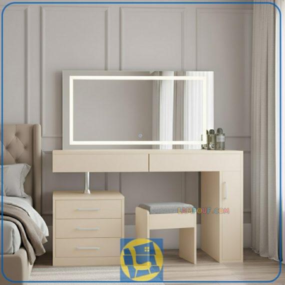 میز آرایش لامپ دار DJ751 دارای کشو و درب کمدی به همراه آینه چراغ دار با کلید تاچ (لمسی) که به عنوان میز گریم و توالت سرویس خواب استفاده می‌شود.