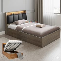 تخت خواب یک نفره جکدار SBJ309 دارای صندوق به صورت جکدار در زیر تشک و فضای ذخیره سازی در قسمت تاج، مناسب برای نوجوان و بزرگسال.