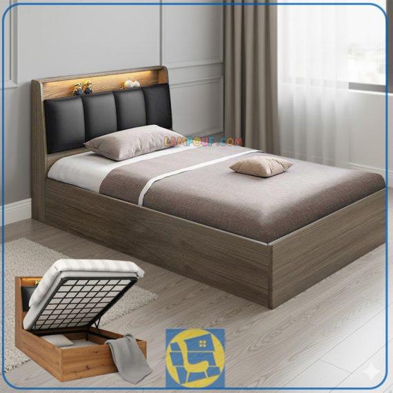 تخت خواب یک نفره جکدار SBJ309 دارای صندوق به صورت جکدار در زیر تشک و فضای ذخیره سازی در قسمت تاج، مناسب برای نوجوان و بزرگسال.