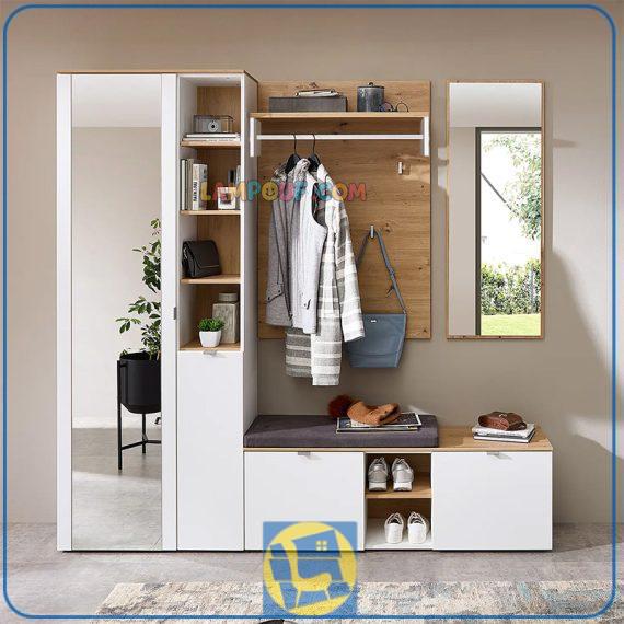 جاکفشی و جالباسی SHJ448 مناسب برای ورودی منزل، دارای نیمکت و آینه قدی و قفسه و فضا های متنوع برای ذخیره سازی کفش و لباس و کیف و ...