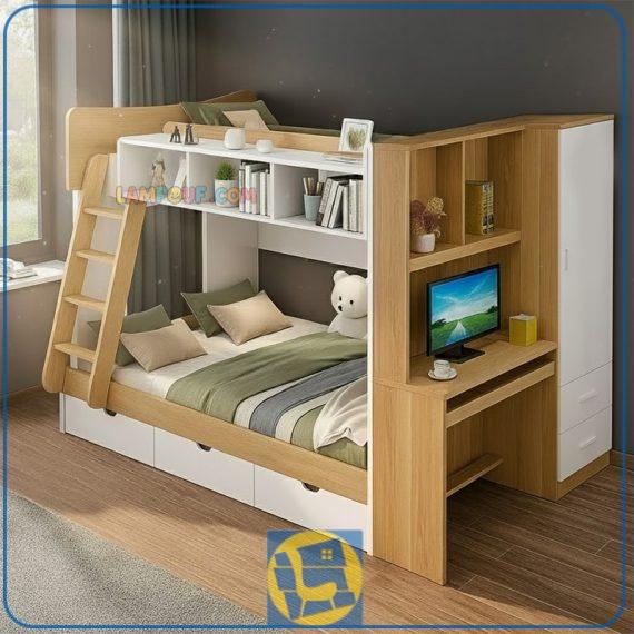 تخت خواب دو طبقه TBJ178 دارای میز تحریر، کمد جالباسی، کشو و کتابخانه که به عنوان سرویس خواب کامل در اتاق نوجوان و بزرگسال استفاده می‌شود.