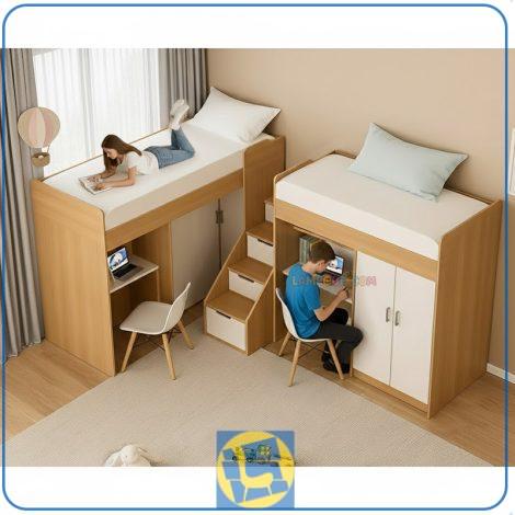 تخت خواب دو طبقه TBJ179 شامل دو تختخواب مجزا و کمد جالباسی و میز تحریر با طراحی بسیار زیبا که برای دو نفره قابل استفاده می‌باشد.